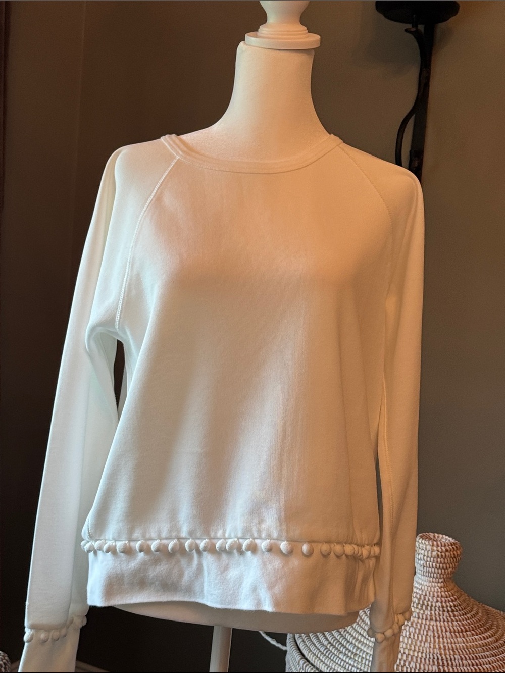 White Women's Pom Trim Long-Sleeve Top